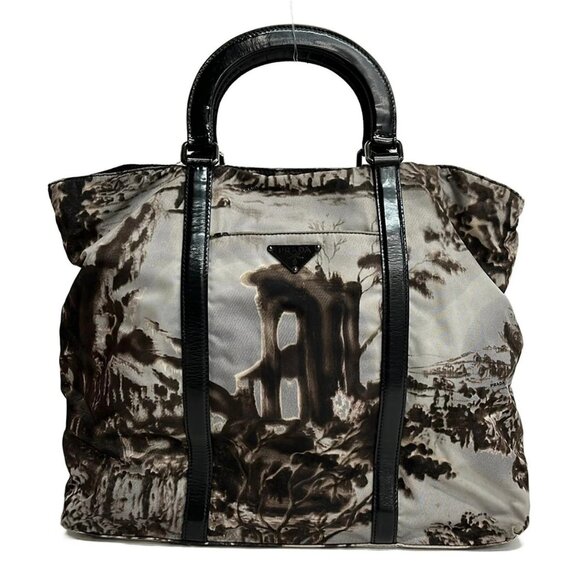 PRADA - Gray Dark Brown Black Nylon Leather Handbag